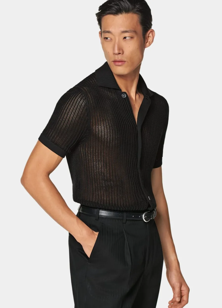 Suitsupply Cardigan à col polo en crochet noir Black Sale