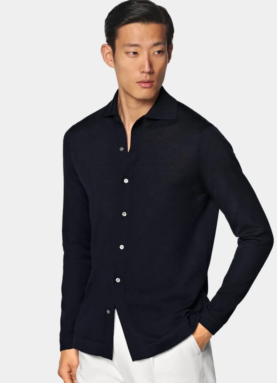 Suitsupply Cardigan col polo à manches longues Merino bleu marine Navy Outlet