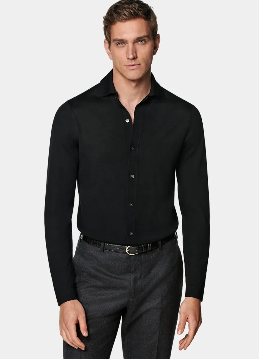 Suitsupply Cardigan col polo à manches longues Merino noir Black Cheap