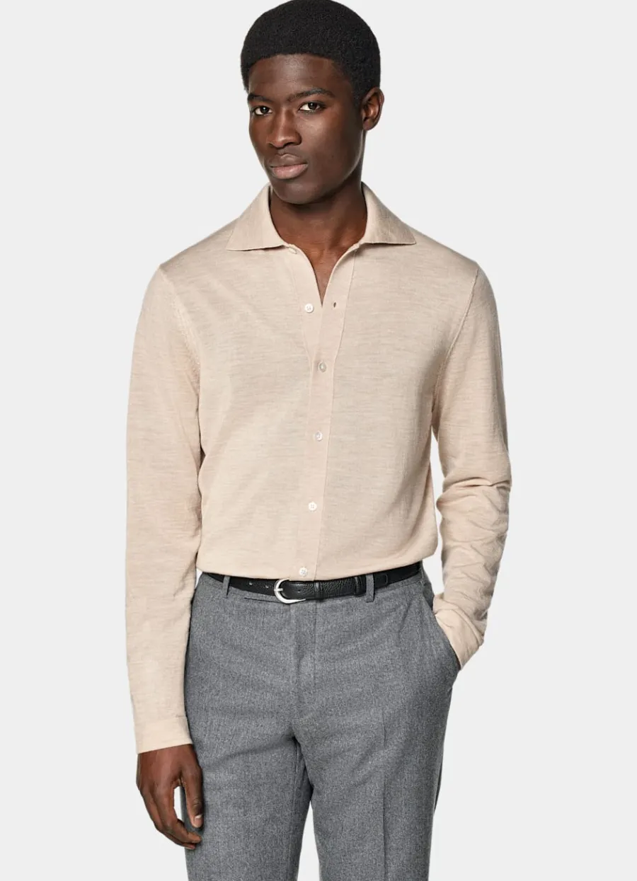 Suitsupply Cardigan col polo à manches longues Merino sable Sand Discount