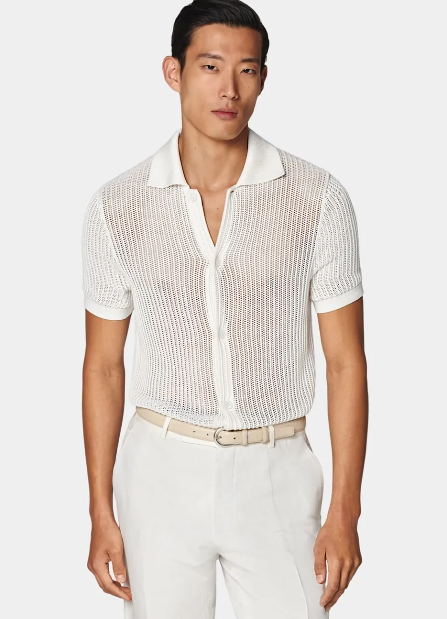 Suitsupply Cardigan col polo en crochet blanc cassé Off-White Flash Sale