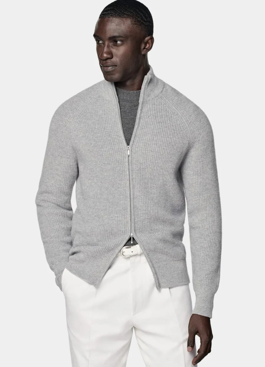 Suitsupply Cardigan zippé côtelé gris clair Light Grey Fashion