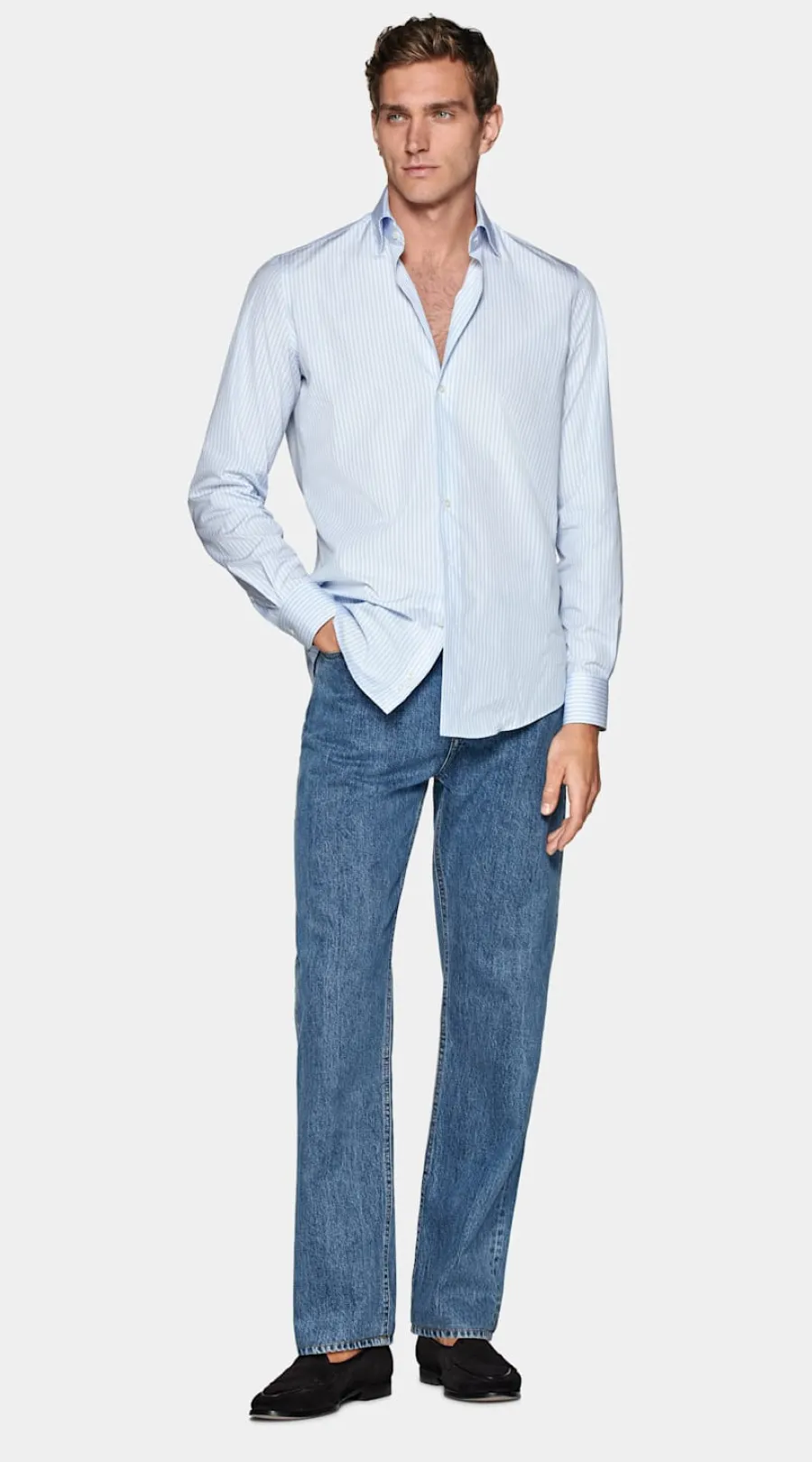 Suitsupply Chemise coupe ajustée en popeline bleu clair à rayures Light Blue Sale