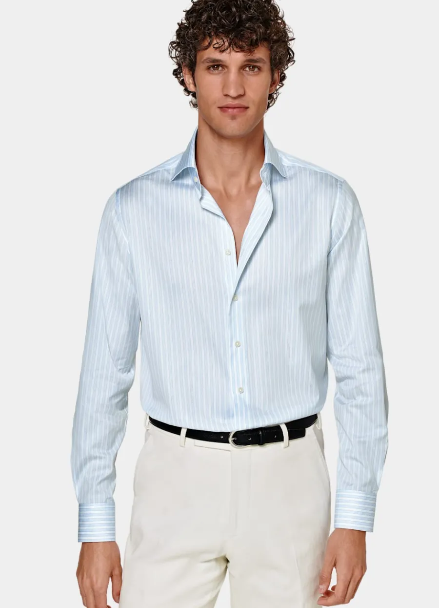 Suitsupply Chemise coupe ajustée en popeline bleu clair à rayures Light Blue Clearance