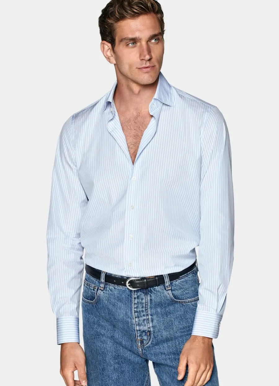 Suitsupply Chemise coupe ajustée en popeline bleu clair à rayures Light Blue Sale