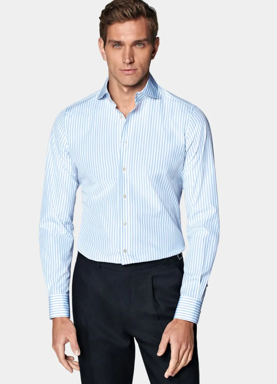 Suitsupply Chemise coupe ajustée en popeline bleue à rayures Cheap