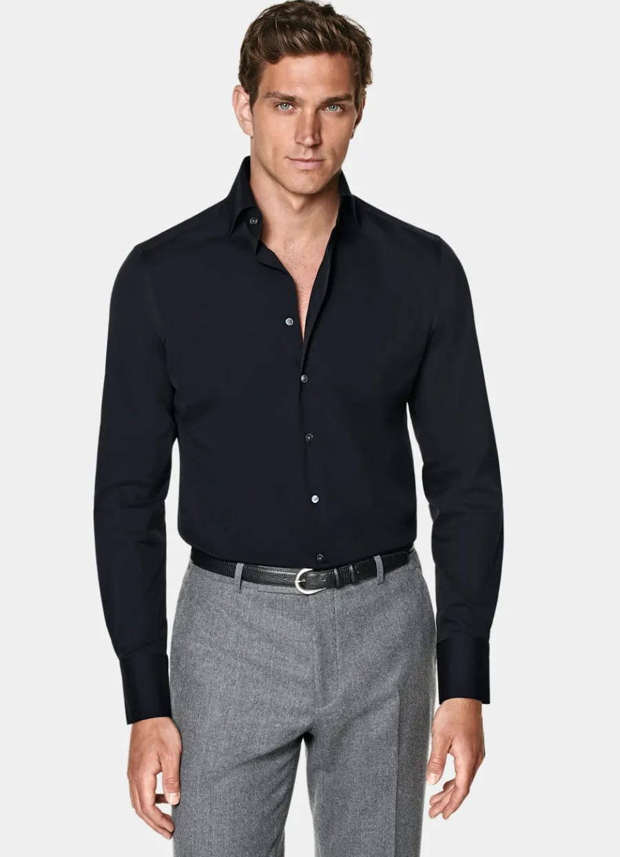 Suitsupply Chemise coupe tailored en popeline bleu marine Navy Clearance