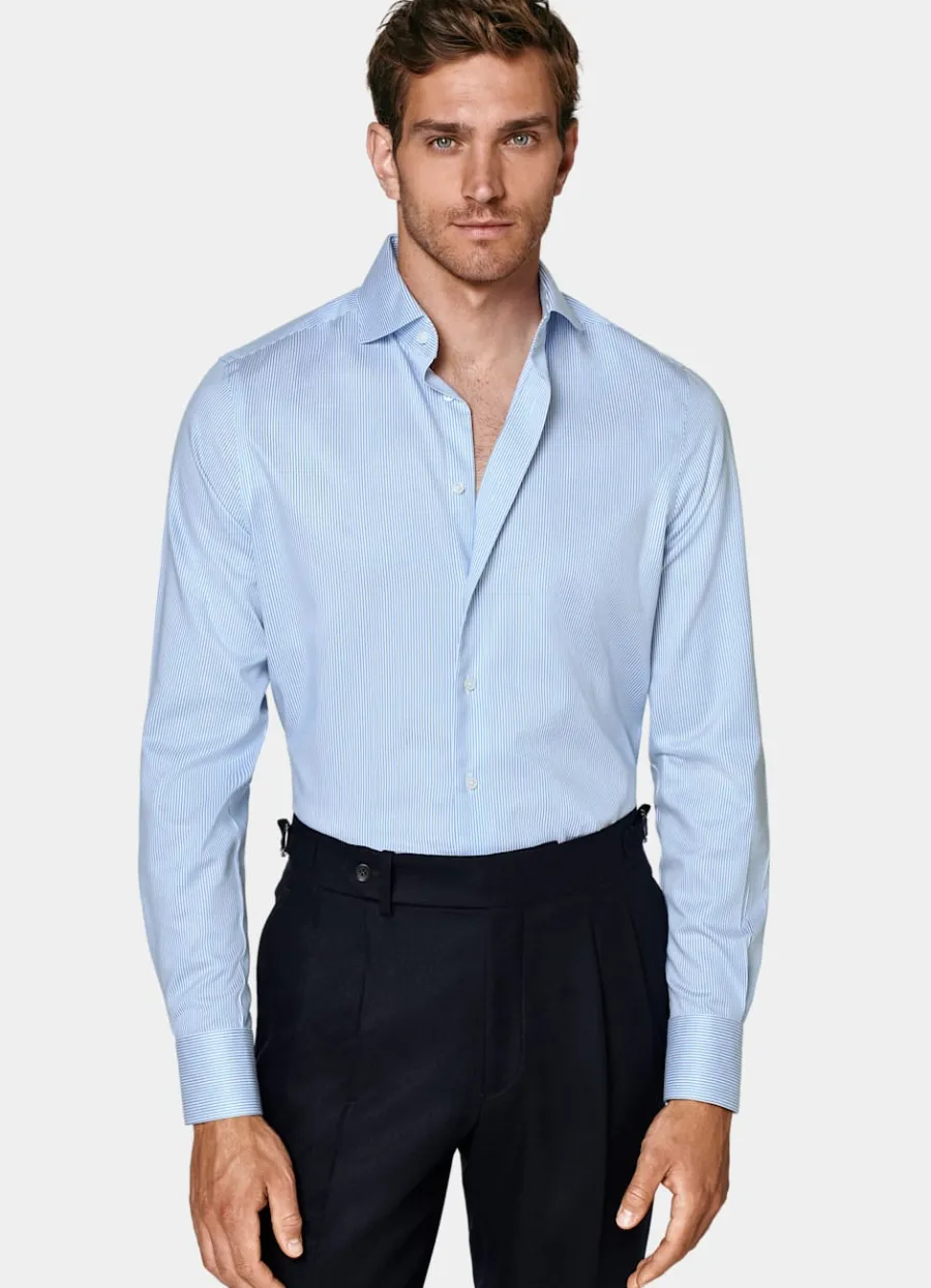 Suitsupply Chemise coupe très ajustée en twill bleu moyen à rayures Mid Blue Cheap