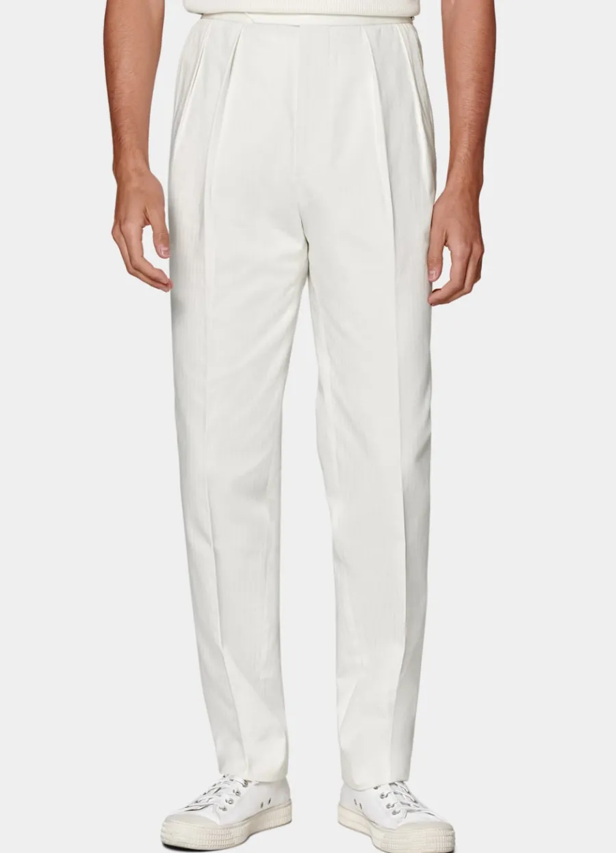 Suitsupply Pantalon Wide Leg Tapered blanc cassé à chevrons New