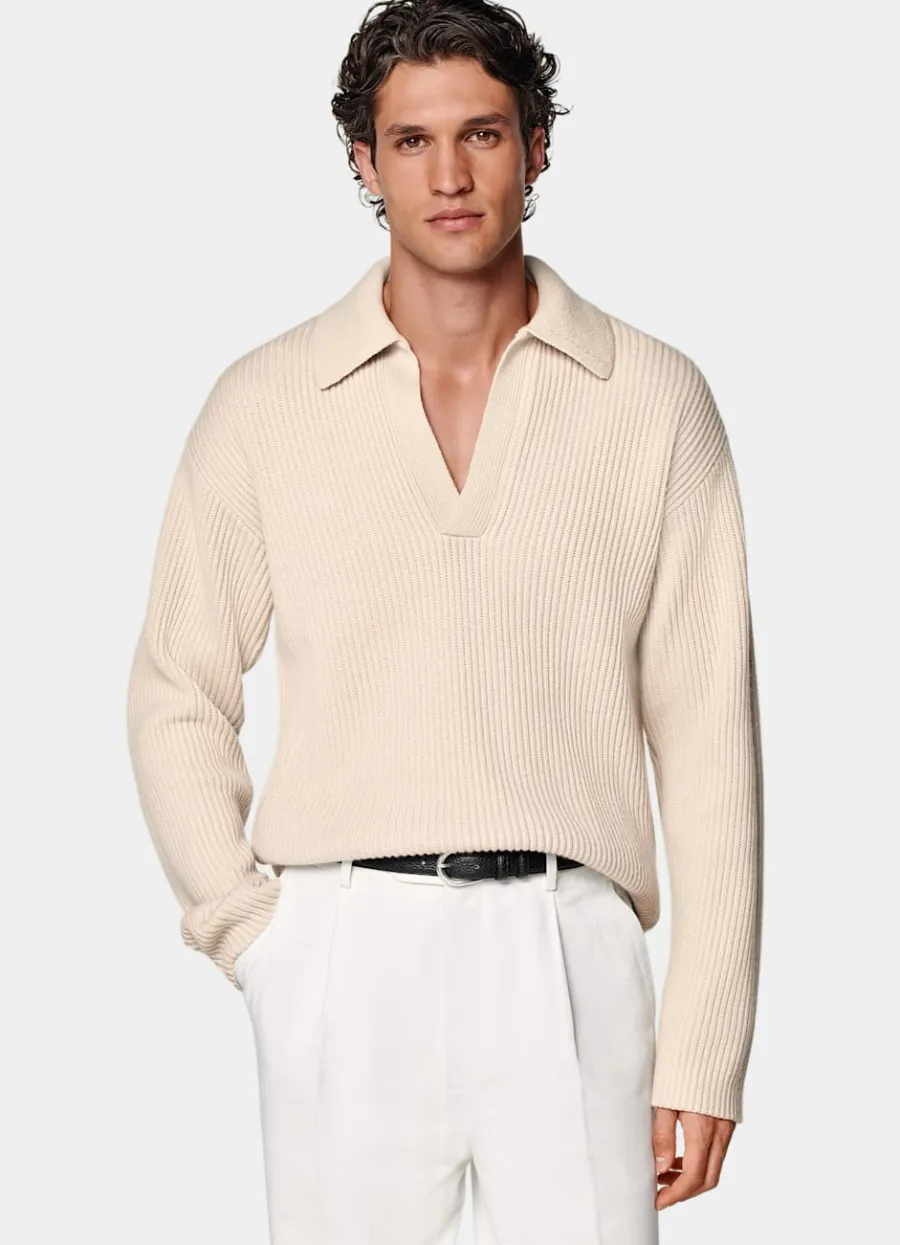 Suitsupply Polo manches longues sans boutons côtelé sable Sand Hot